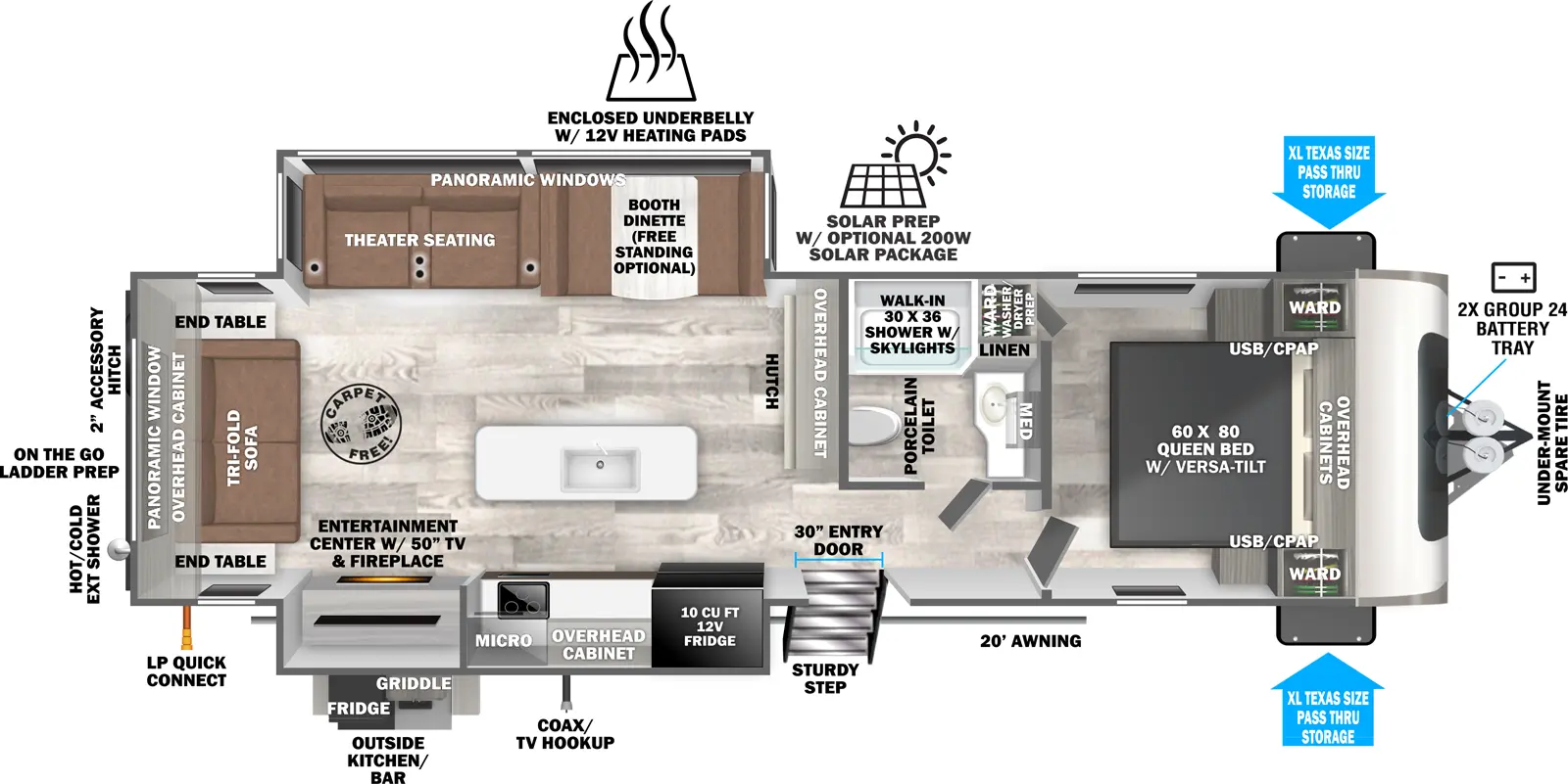 The Hemisphere Travel Trailers 273RL floorplan has one entry and two slide outs. Exterior features include: fiberglass exterior, 20' awning and outside kitchen. Interiors features include: kitchen island, free-standing dinette option, front bedroom and rear living.